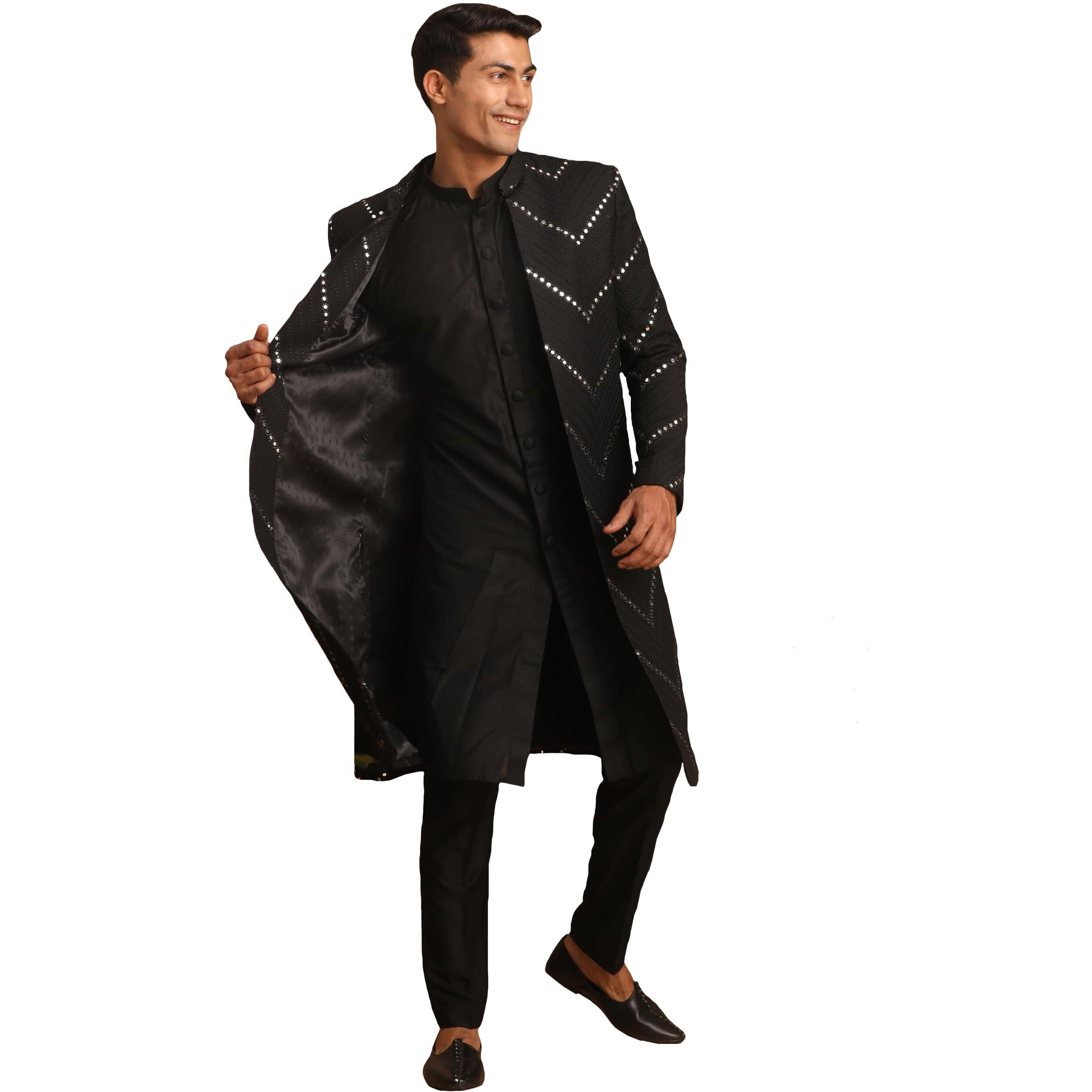 VASTRAMAY Men's Black Viscose Sherwani Set | Set Of Layered Mirror Work Front Open Sherwani Set With Pant Style Pyjama