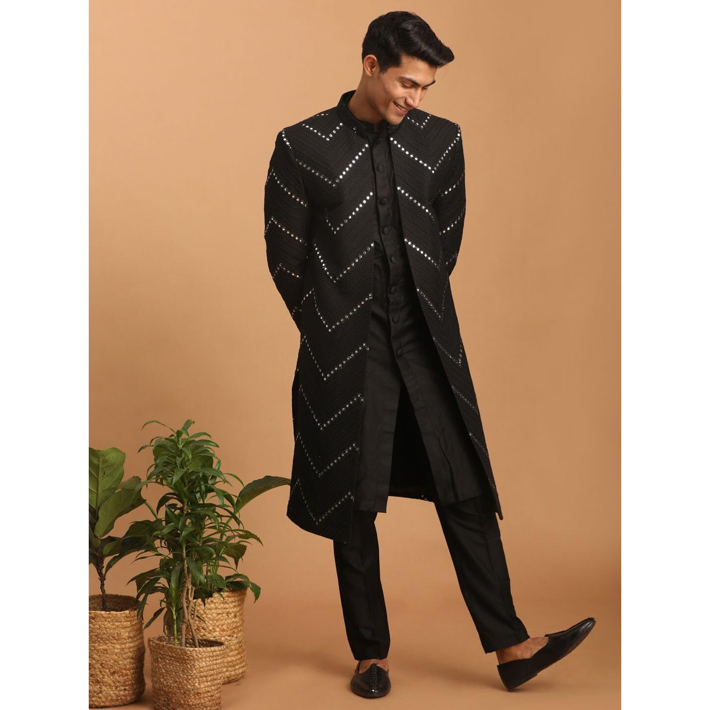 VASTRAMAY Men's Black Viscose Sherwani Set | Set Of Layered Mirror Work Front Open Sherwani Set With Pant Style Pyjama