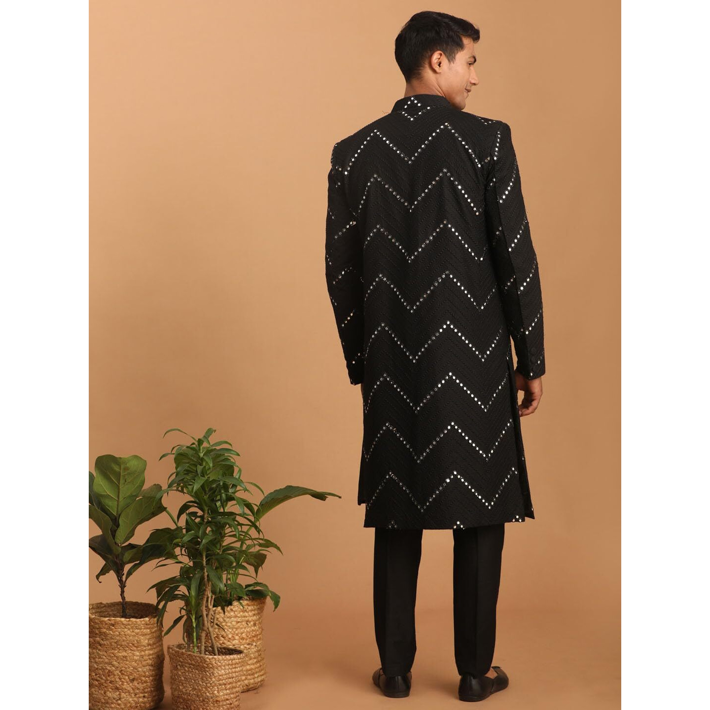 VASTRAMAY Men's Black Viscose Sherwani Set | Set Of Layered Mirror Work Front Open Sherwani Set With Pant Style Pyjama