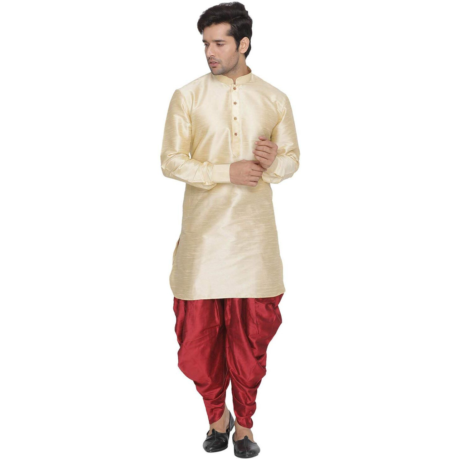 VASTRAMAY Men Gold Cotton Silk Kurta and Cow Style Dhoti Pant set (VASMUK001GOnCDMA_36)