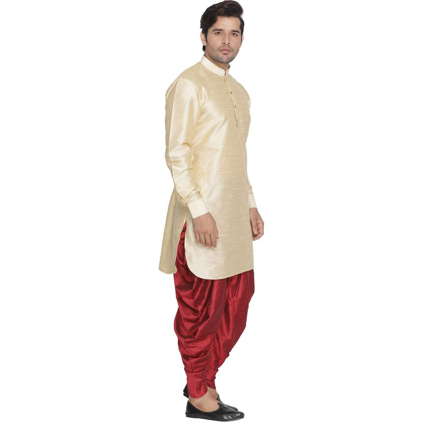 VASTRAMAY Men Gold Cotton Silk Kurta and Cow Style Dhoti Pant set (VASMUK001GOnCDMA_36)