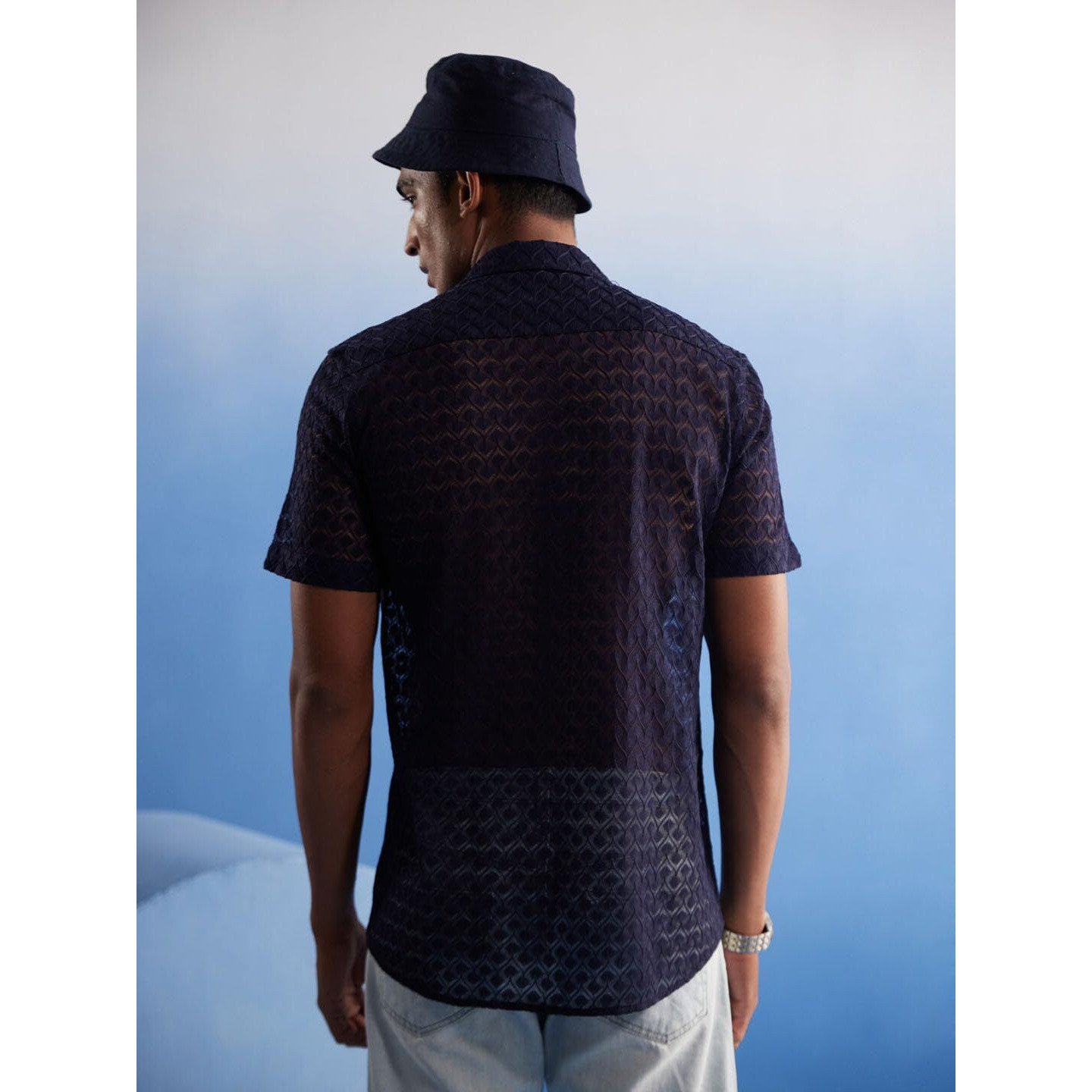 VASTRAMAY Men's Blue Net Ethnic Shirt - L_VASMSH037BU_40