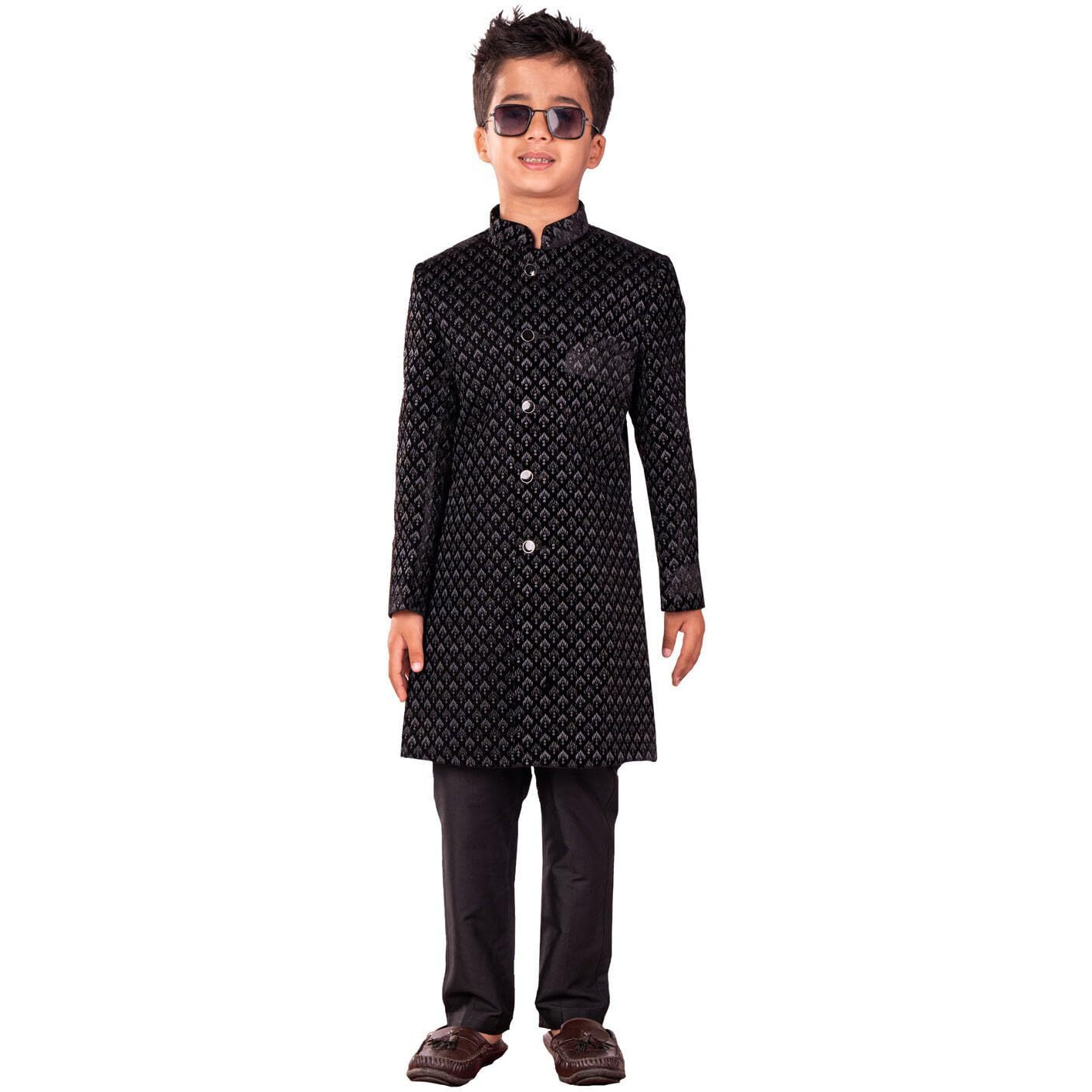 VASTRAMAY Boys' Velvet Black Sherwani Set | Sequined Embroidered Indo Western With Pant style Pyjama