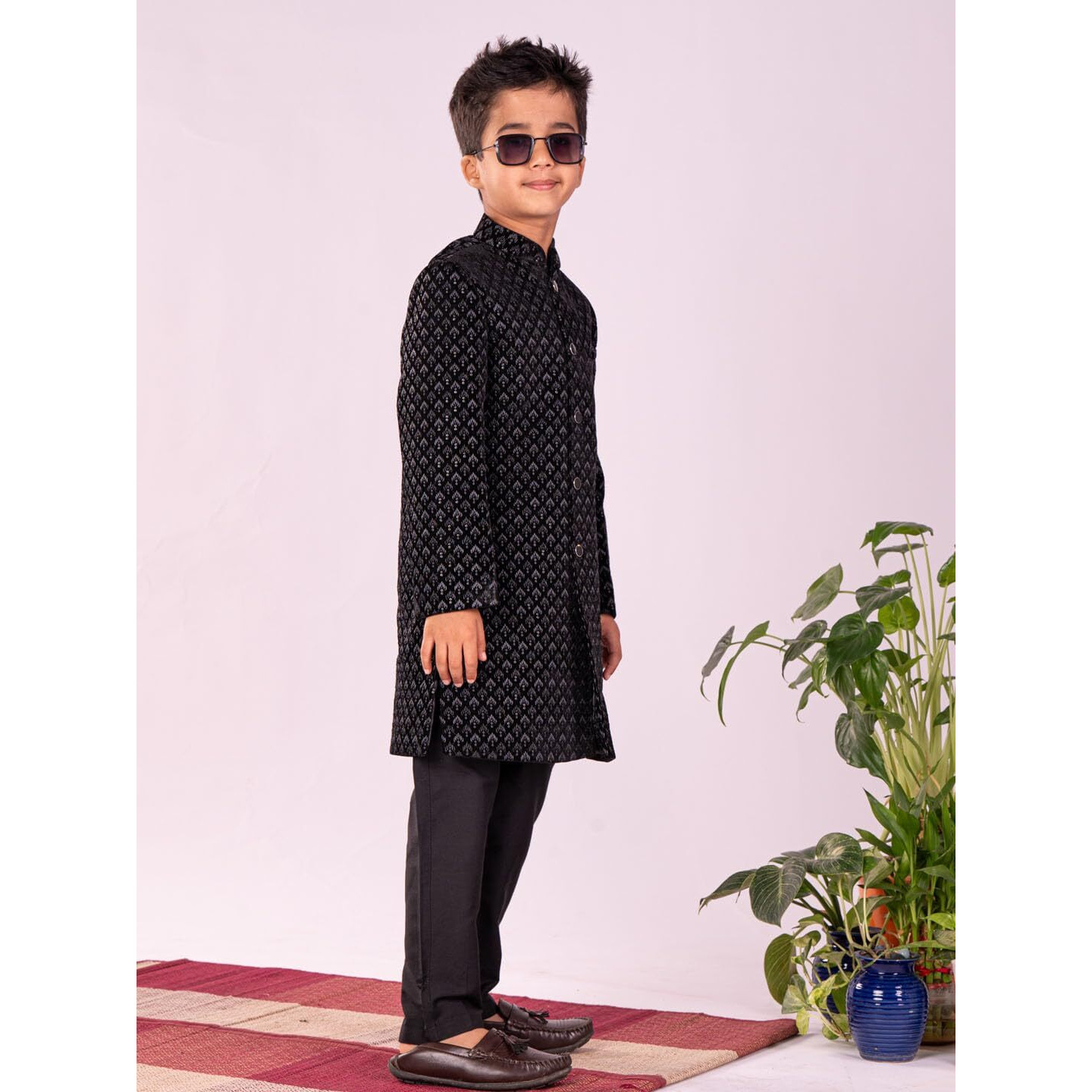 VASTRAMAY Boys' Velvet Black Sherwani Set | Sequined Embroidered Indo Western With Pant style Pyjama