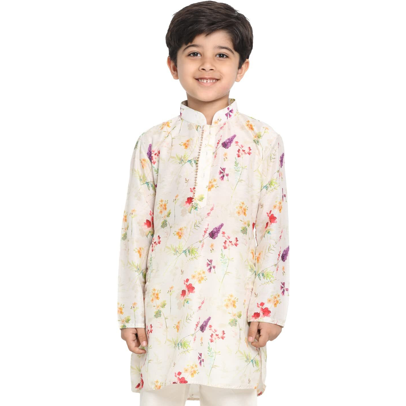 VASTRAMAY Boys' Multicolor-Base-Cream Kurta | Perfect Spring Edit Floral Design Digitally Printed Kurta | Festive Boys Ethnic Kurta for Navratri, Diwali & Weddings - Comfortable & Stylish Indian Wear
