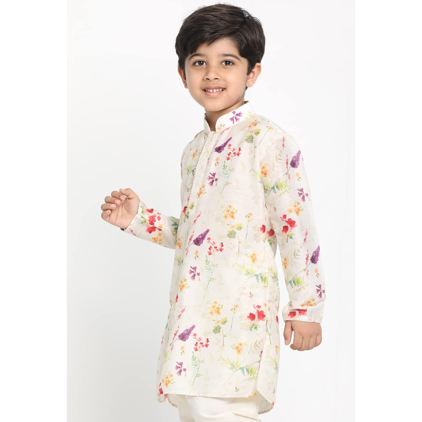 VASTRAMAY Boys' Multicolor-Base-Cream Kurta | Perfect Spring Edit Floral Design Digitally Printed Kurta | Festive Boys Ethnic Kurta for Navratri, Diwali & Weddings - Comfortable & Stylish Indian Wear