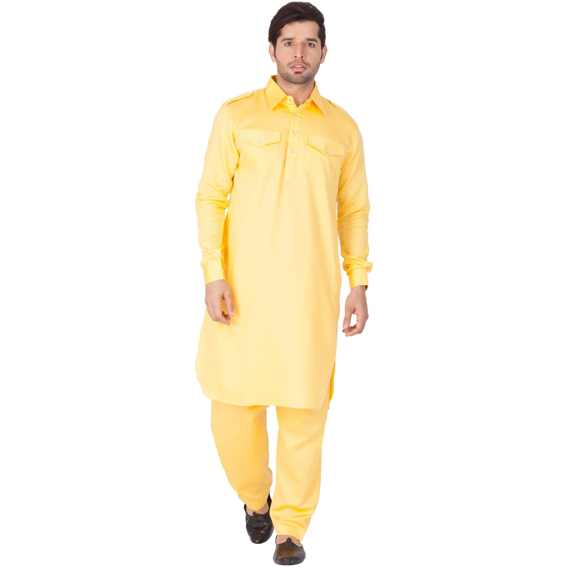 VASTRAMAY Men Cotton Pathani Khan Suit Set (Yellow_VASMPTYW009_46)