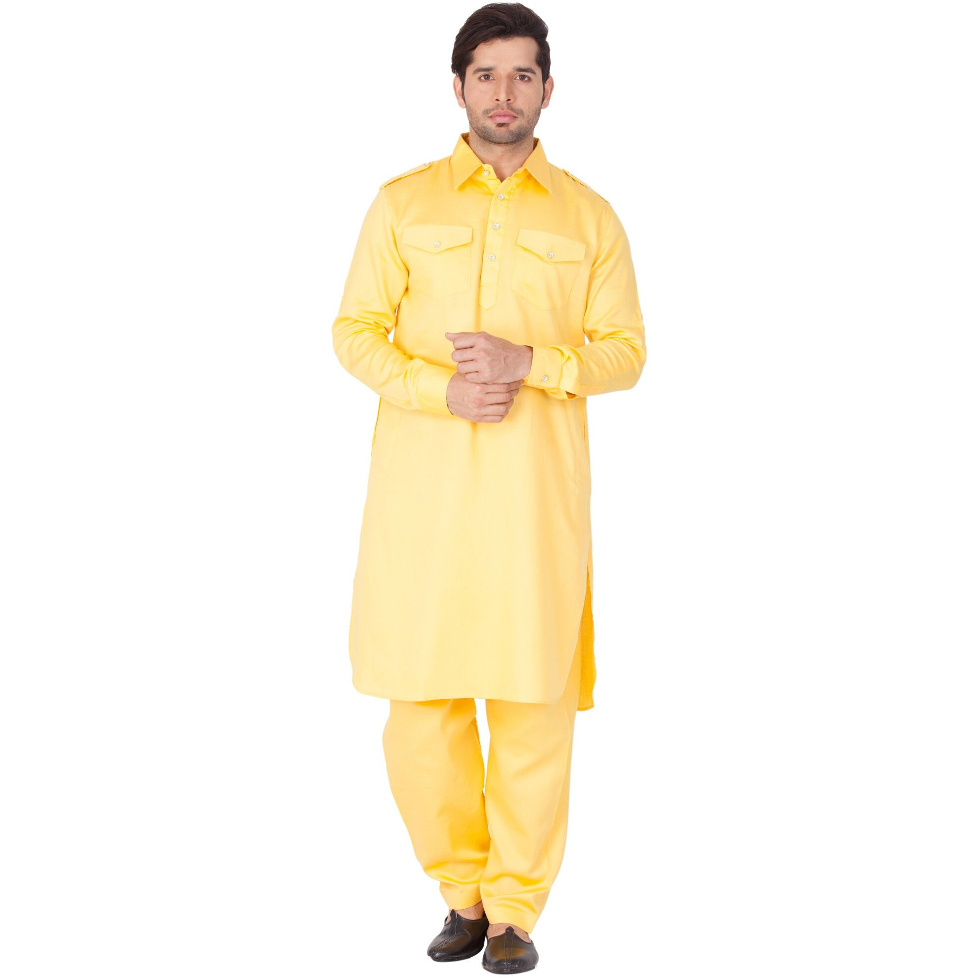 VASTRAMAY Men Cotton Pathani Khan Suit Set (Yellow_VASMPTYW009_46)