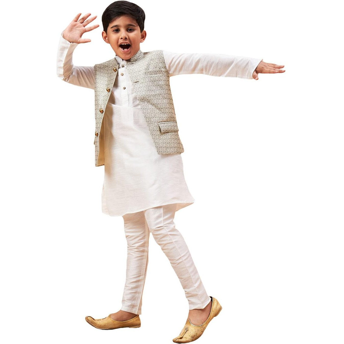 VASTRAMAY Boys' White And Beige Jacket, Kurta and Pyjama Set_VASBJ105BGnBKWH001nPDWH_22