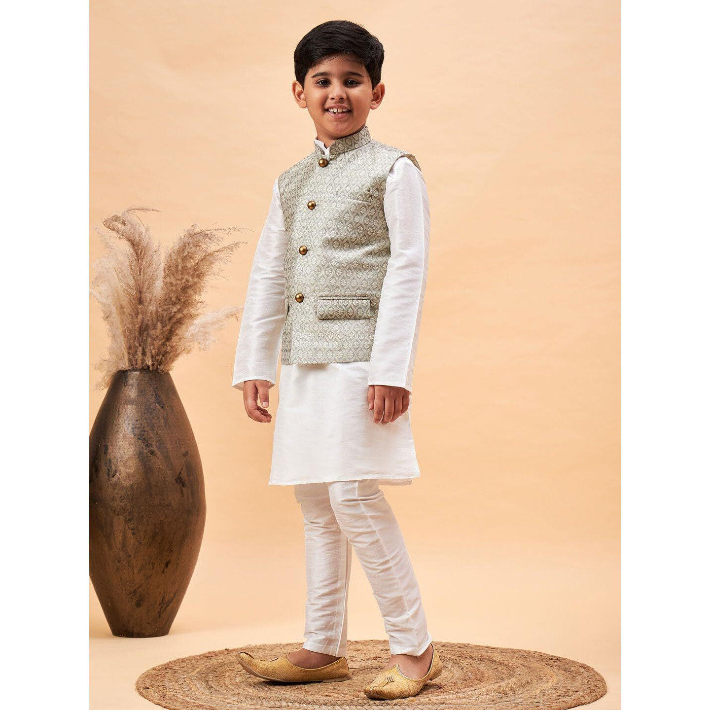 VASTRAMAY Boys' White And Beige Jacket, Kurta and Pyjama Set_VASBJ105BGnBKWH001nPDWH_22