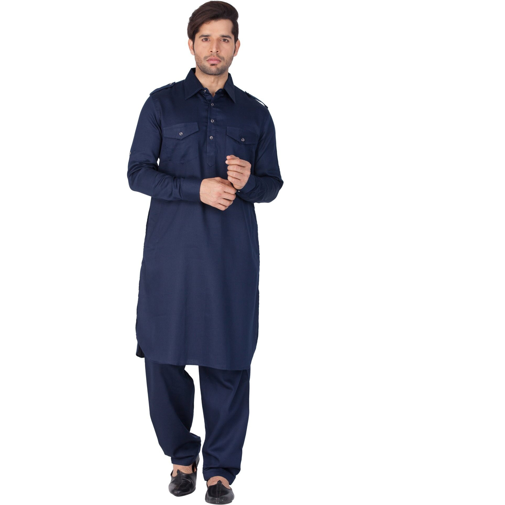 VASTRAMAY Men Cotton Pathani Khan Suit Set (Navy Blue_VASMPTBU009_46)