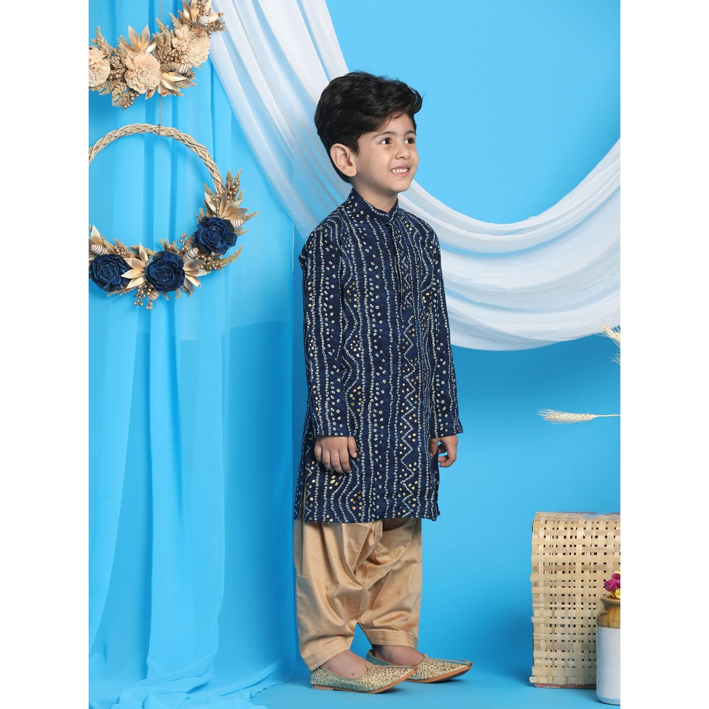 VASTRAMAY Boys' Blue and Rose Gold Kurta Patiala Set | Gold Bandhani And Foil Print Rayon Kurta With Pyjama for Navratri, Diwali & Festive Celebrations - Stylish and Comfortable Indian Outfit for Kids