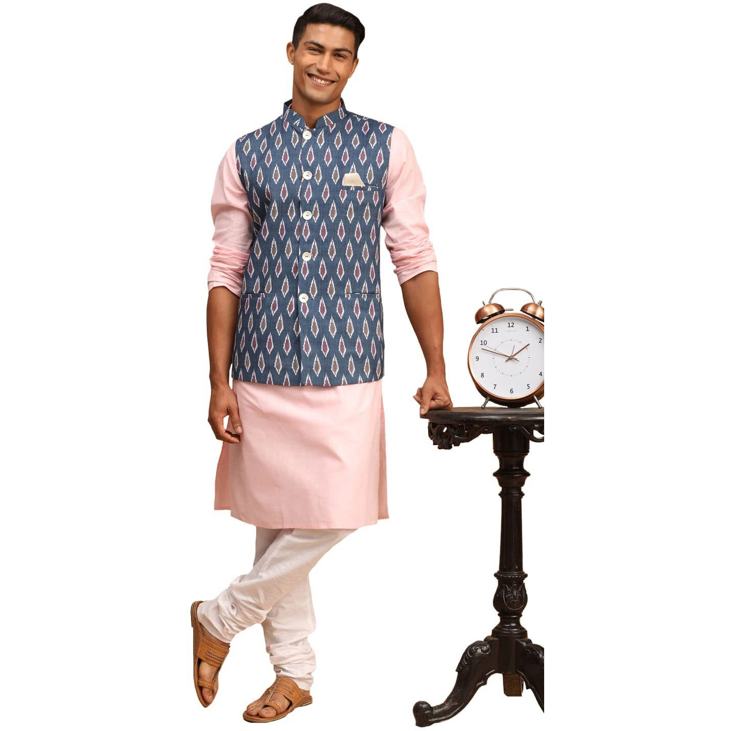 VASTRAMAY Men's Pink, Grey And White Cotton Blend Jacket, Kurta and Pyjama Set-VASMJ060GYnK007PNnPCWH_38