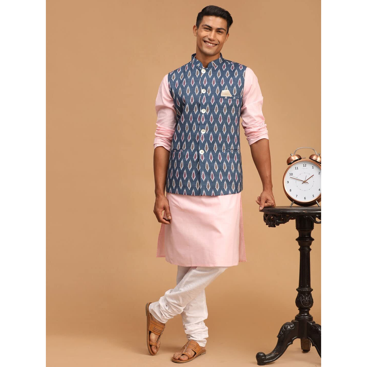VASTRAMAY Men's Pink, Grey And White Cotton Blend Jacket, Kurta and Pyjama Set-VASMJ060GYnK007PNnPCWH_38