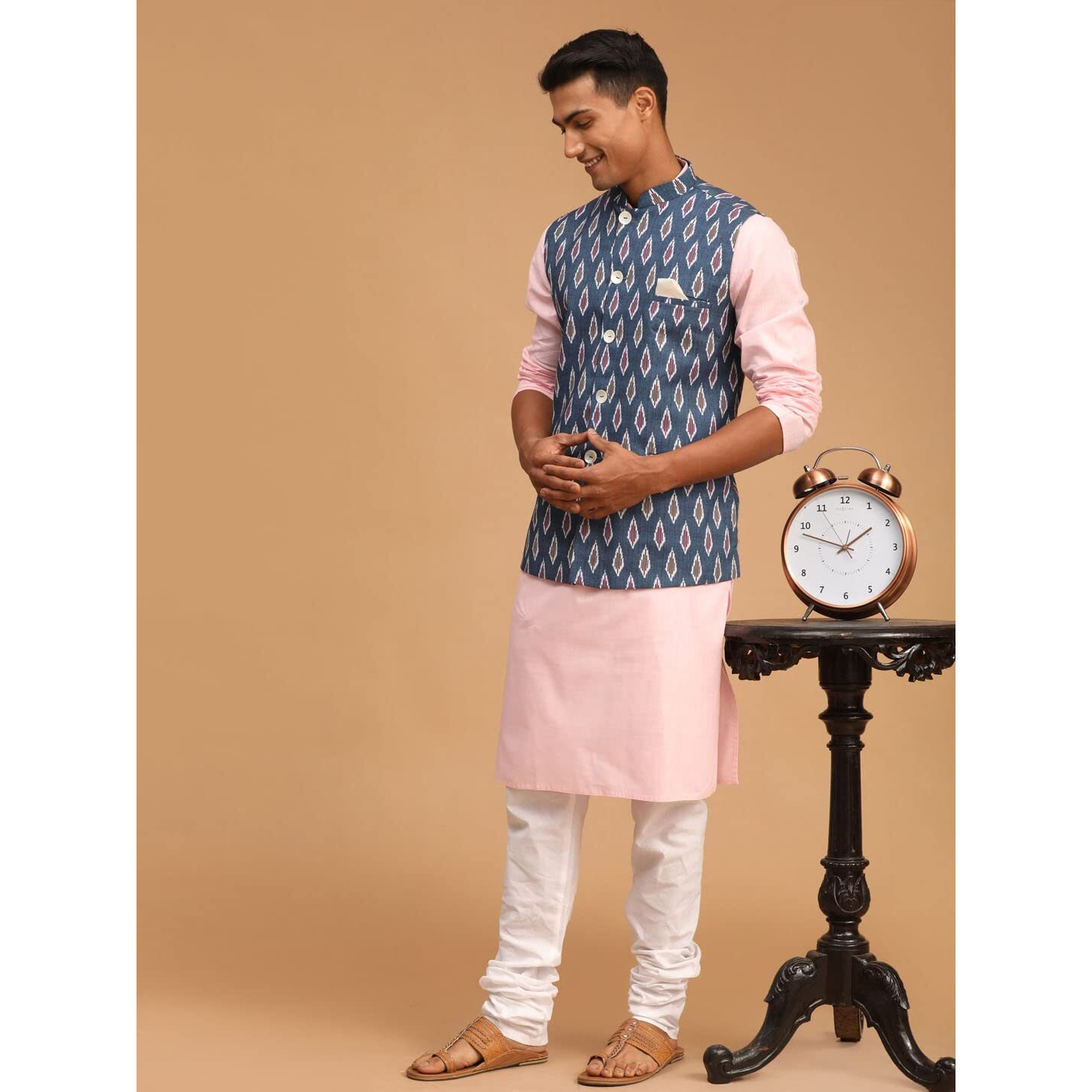 VASTRAMAY Men's Pink, Grey And White Cotton Blend Jacket, Kurta and Pyjama Set-VASMJ060GYnK007PNnPCWH_38