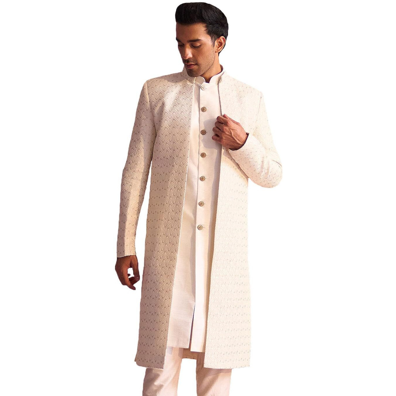 VASTRAMAY Men's Cream Silk Blend Sherwani Only Top