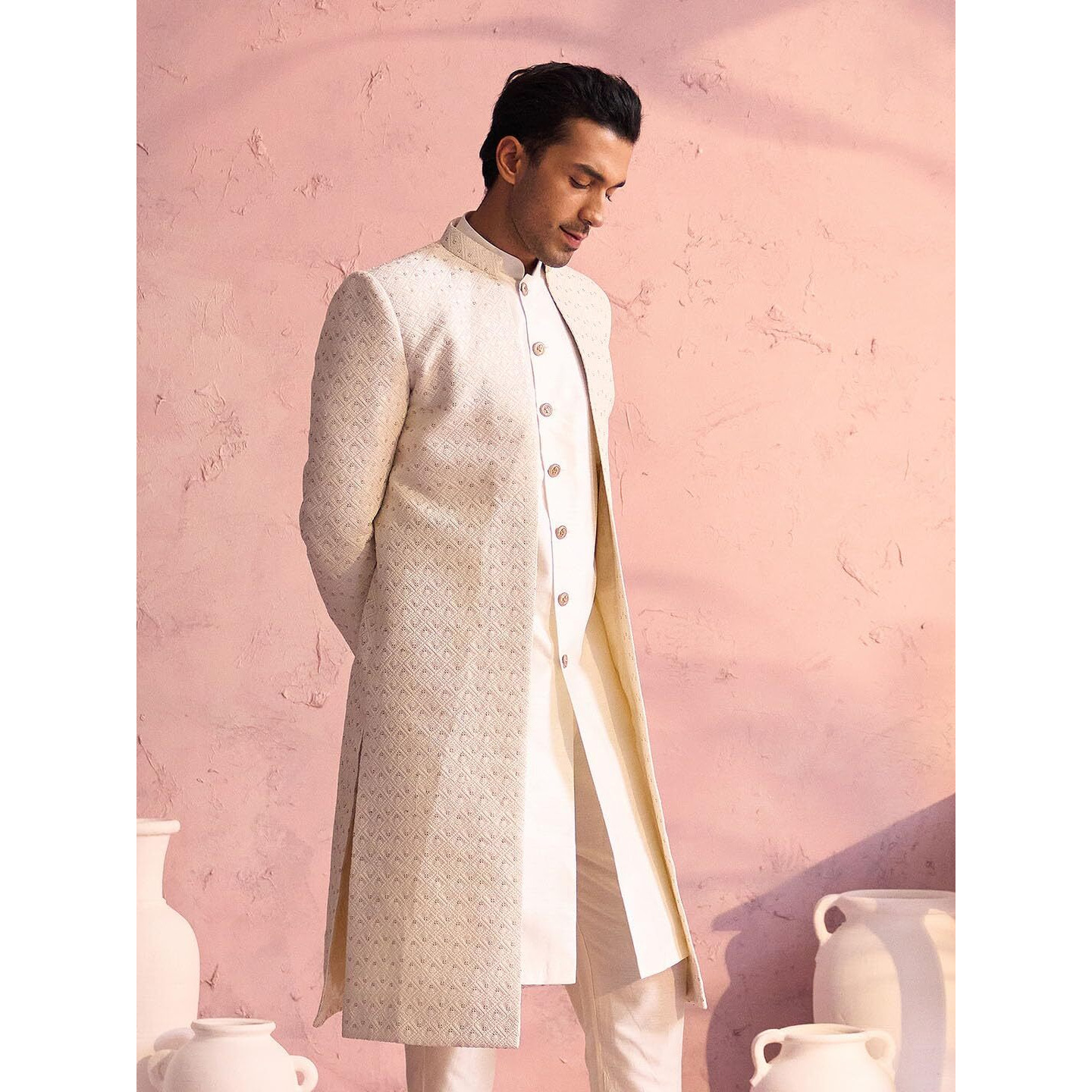 VASTRAMAY Men's Cream Silk Blend Sherwani Only Top