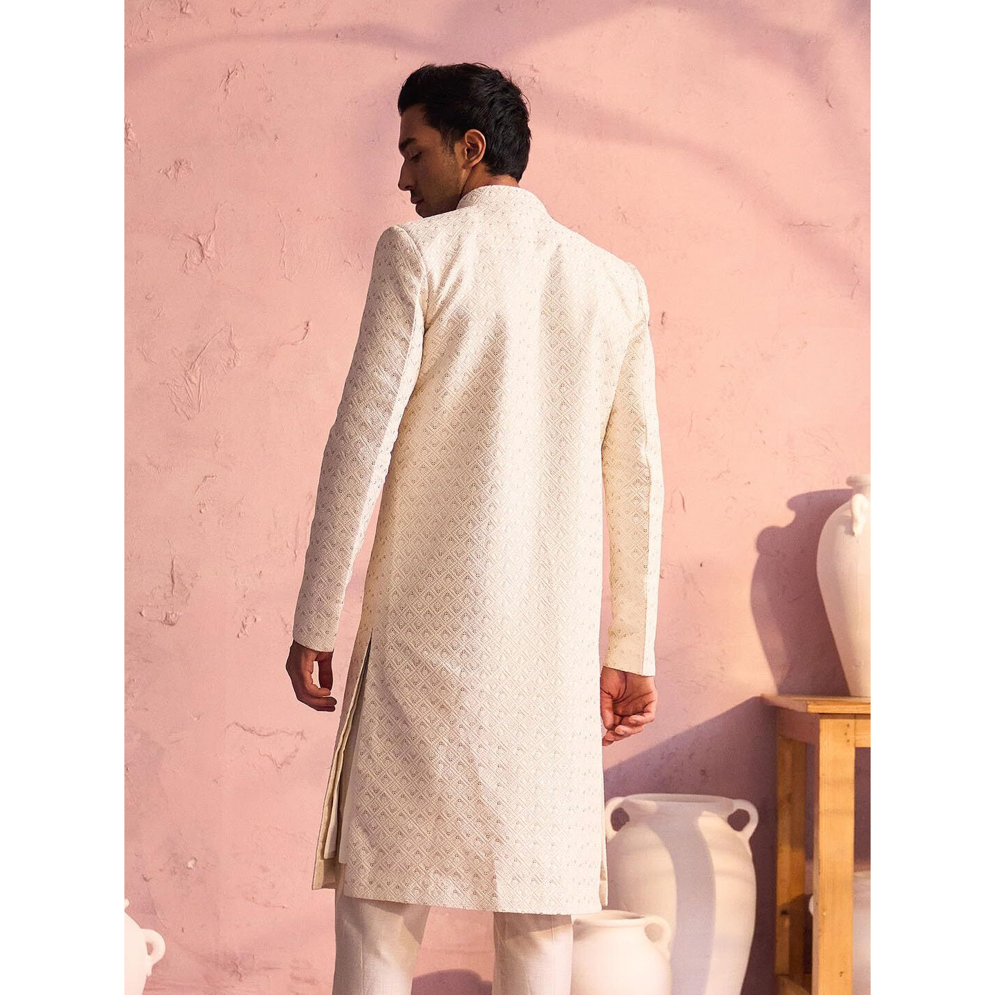 VASTRAMAY Men's Cream Silk Blend Sherwani Only Top