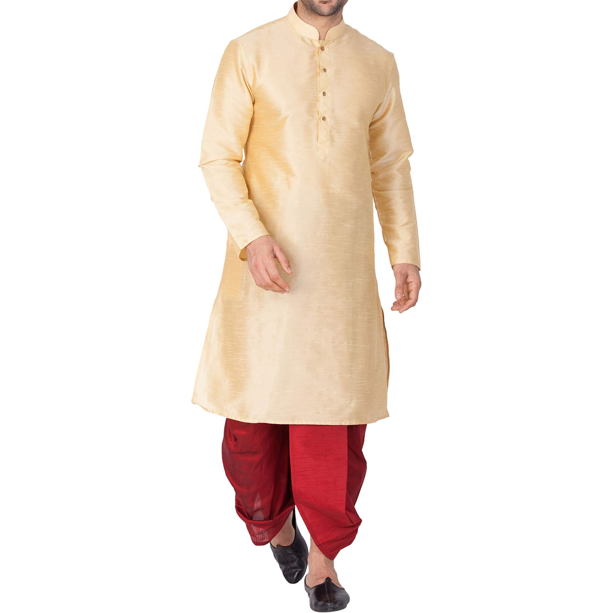 VASTRAMAY Men Cotton Silk Kurta and Cowl Dhoti Pant Set (Gold_VASMKGO001nCDMA_40)