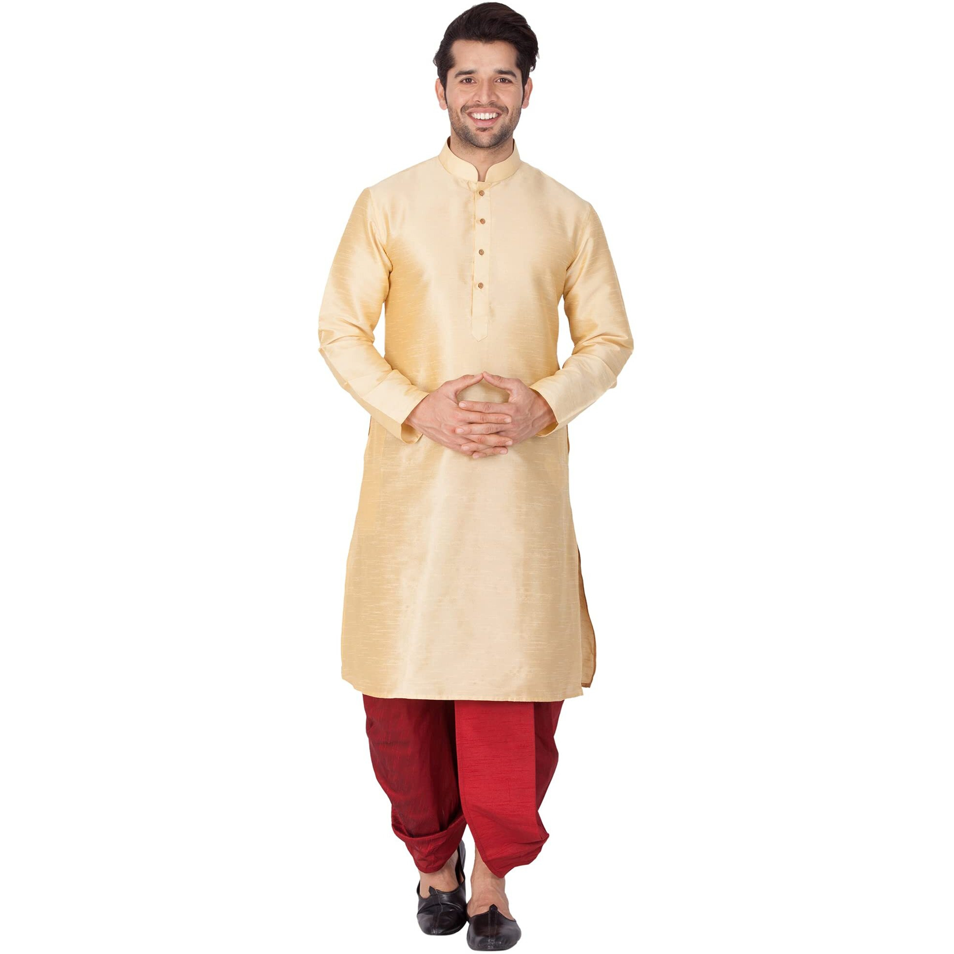 VASTRAMAY Men Cotton Silk Kurta and Cowl Dhoti Pant Set (Gold_VASMKGO001nCDMA_40)