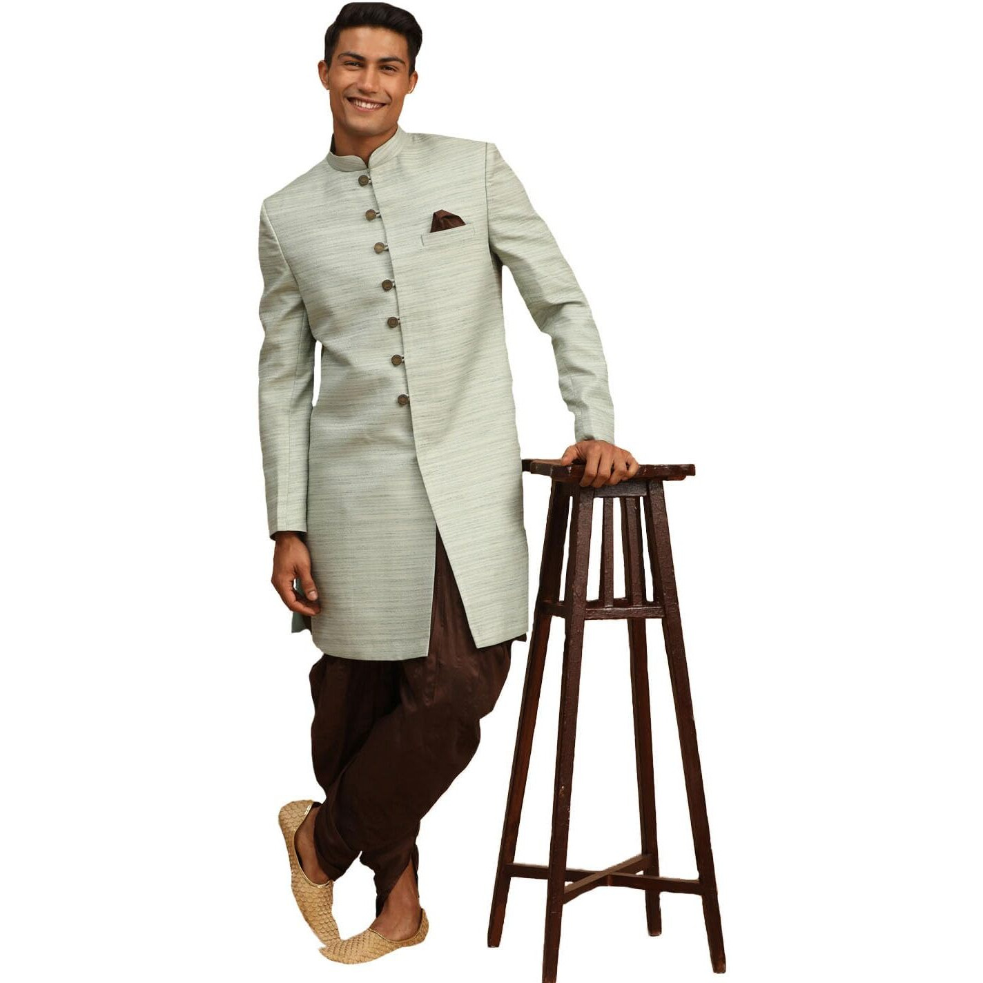 VASTRAMAY Men's Mint Green And Brown Silk Blend Sherwani Set_VASMIW032MGnCDCO_38