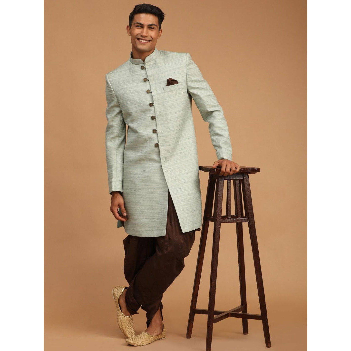 VASTRAMAY Men's Mint Green And Brown Silk Blend Sherwani Set_VASMIW032MGnCDCO_38