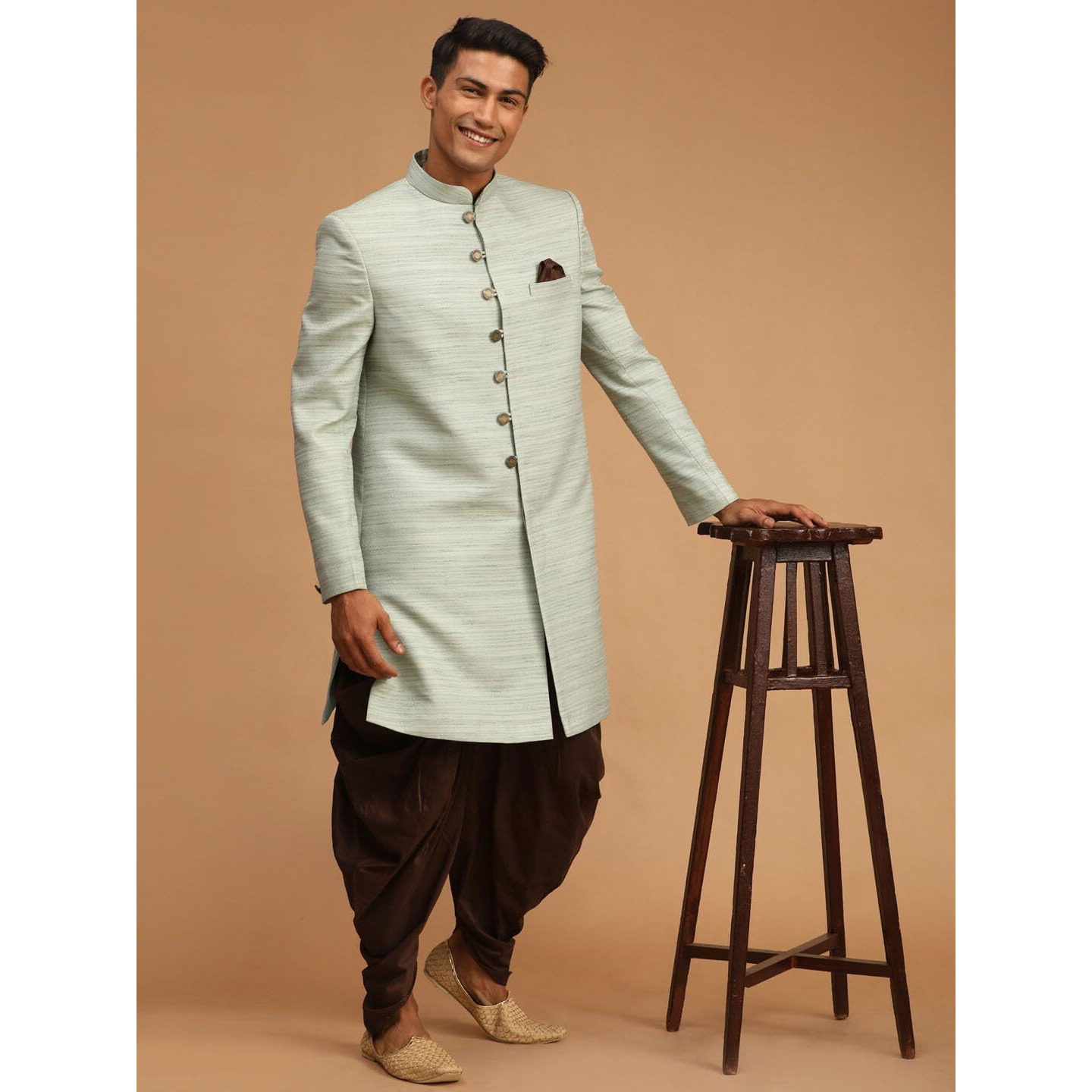 VASTRAMAY Men's Mint Green And Brown Silk Blend Sherwani Set_VASMIW032MGnCDCO_38
