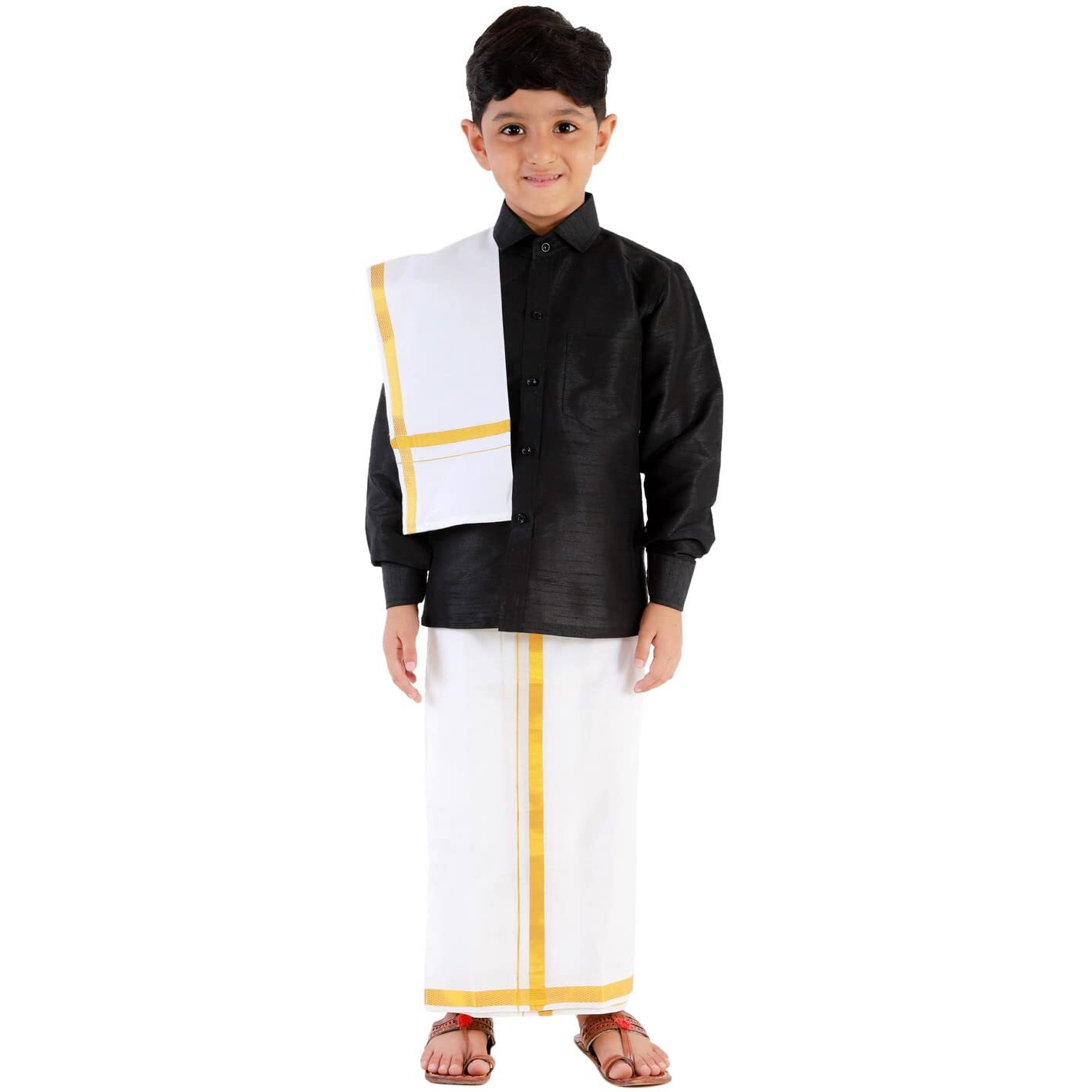 JBN Creation Boys' Black and White Silk Blend Shirt Mundu and Dupatta_VASBSH002BLnBMU001nD_30