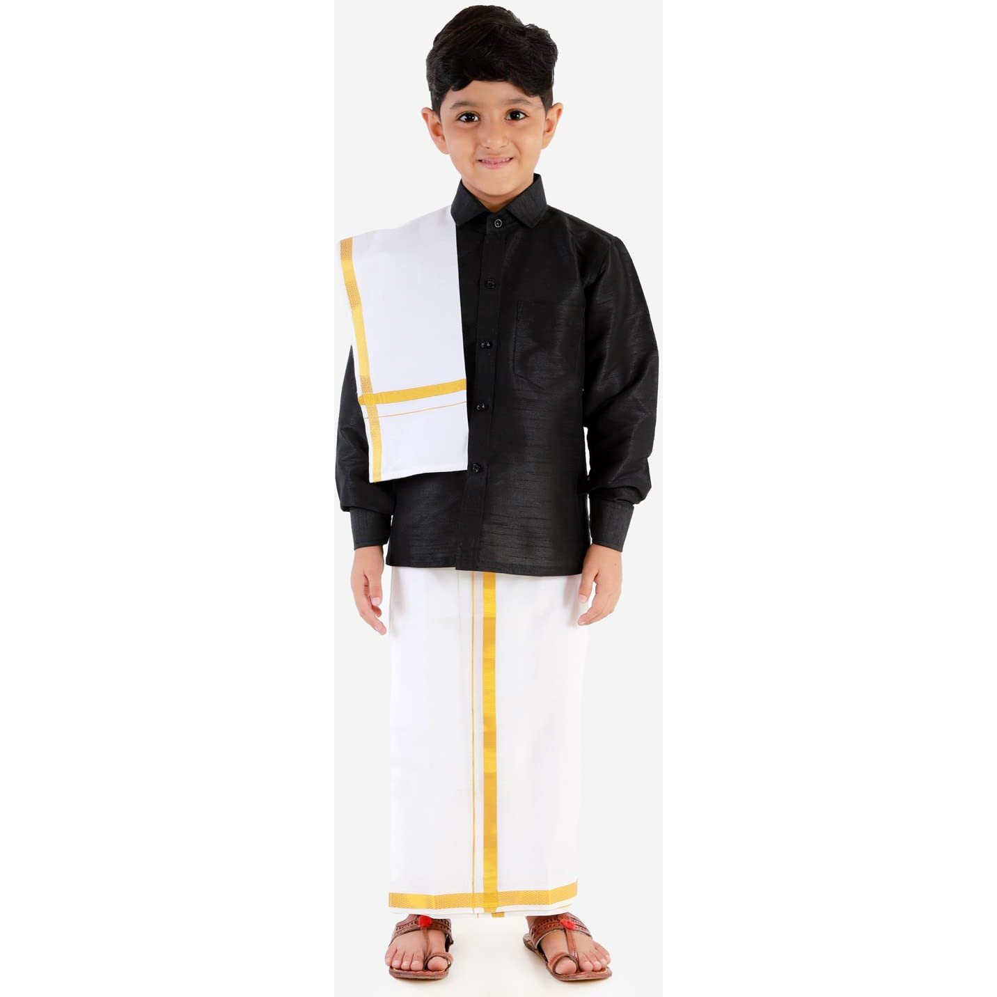JBN Creation Boys' Black and White Silk Blend Shirt Mundu and Dupatta_VASBSH002BLnBMU001nD_30