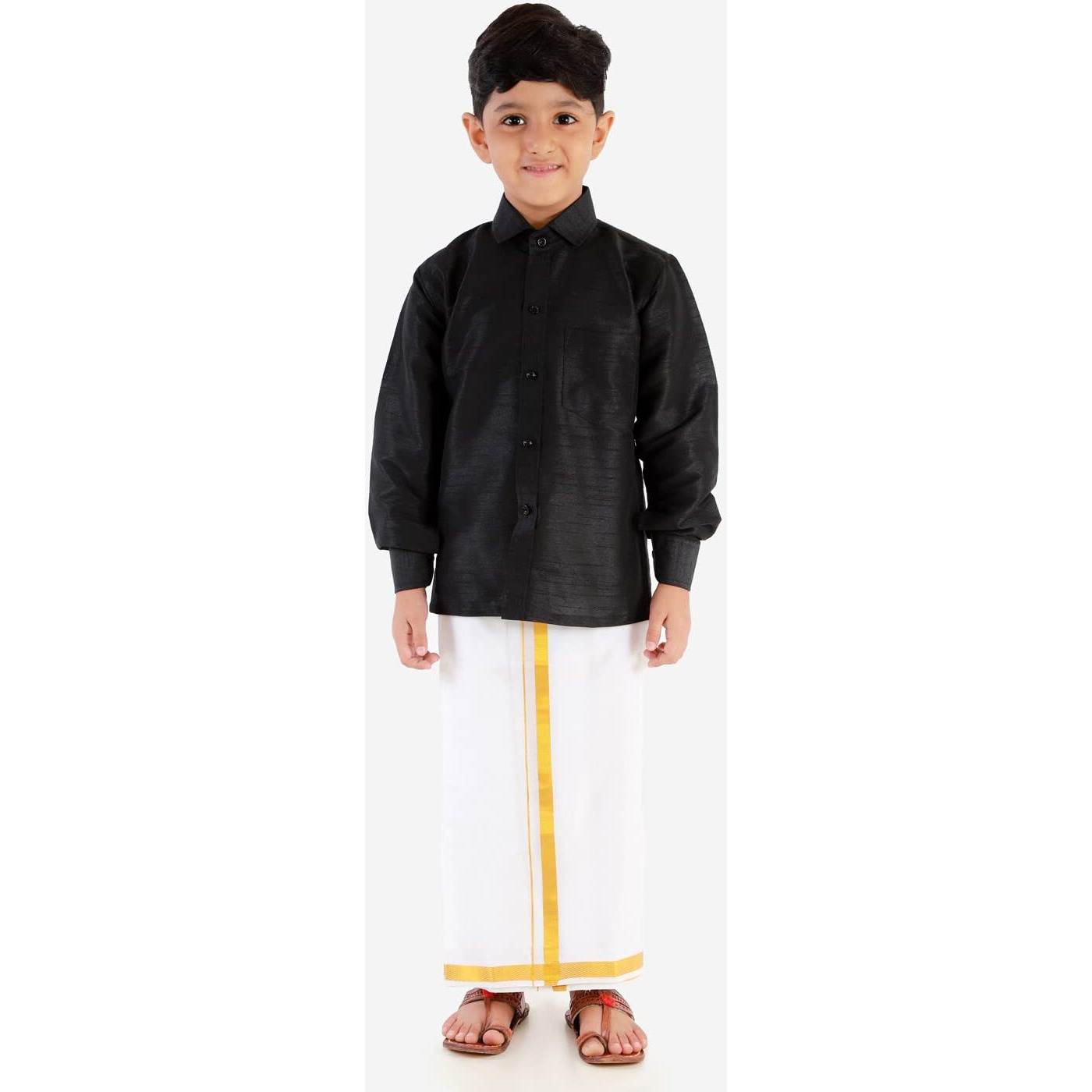 JBN Creation Boys' Black and White Silk Blend Shirt Mundu and Dupatta_VASBSH002BLnBMU001nD_30