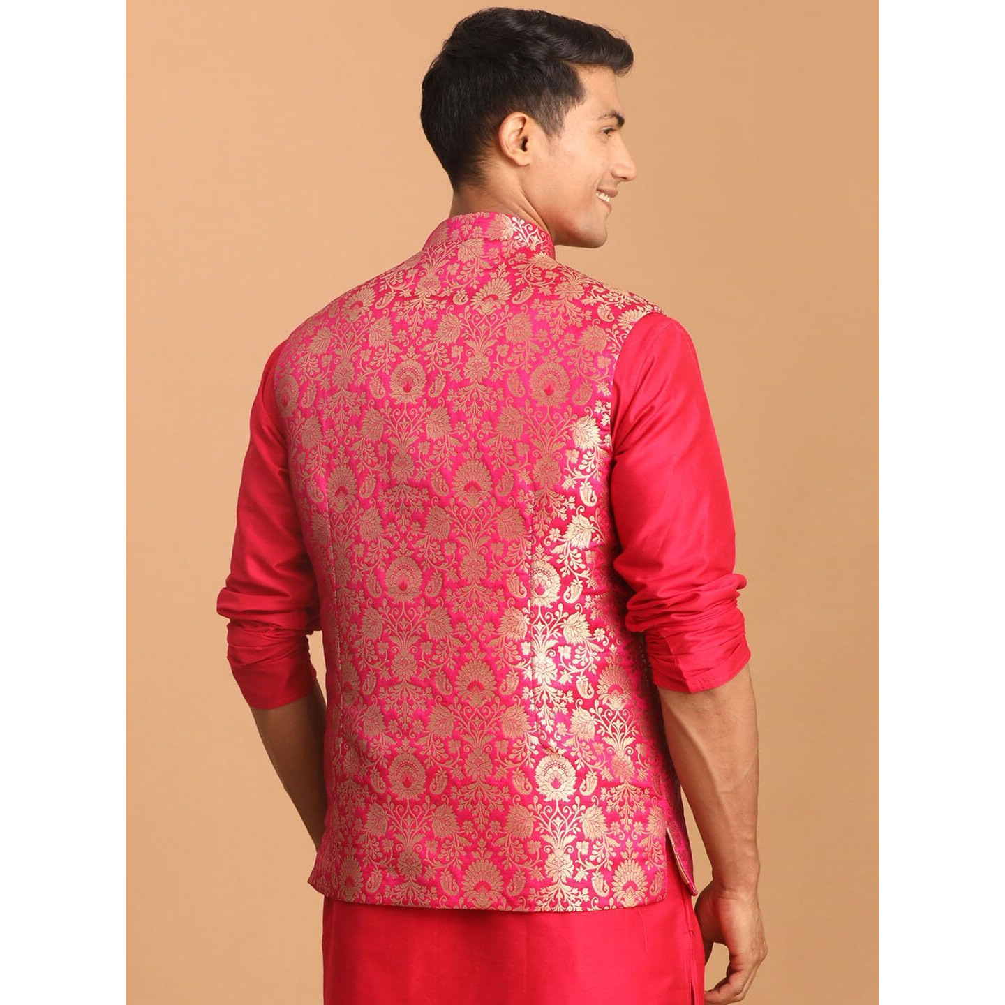 VASTRAMAY Men's Pink Jaquard Nehru Jacket | Valentino Pink Edgy Jacquard Nehru Jacket For Men