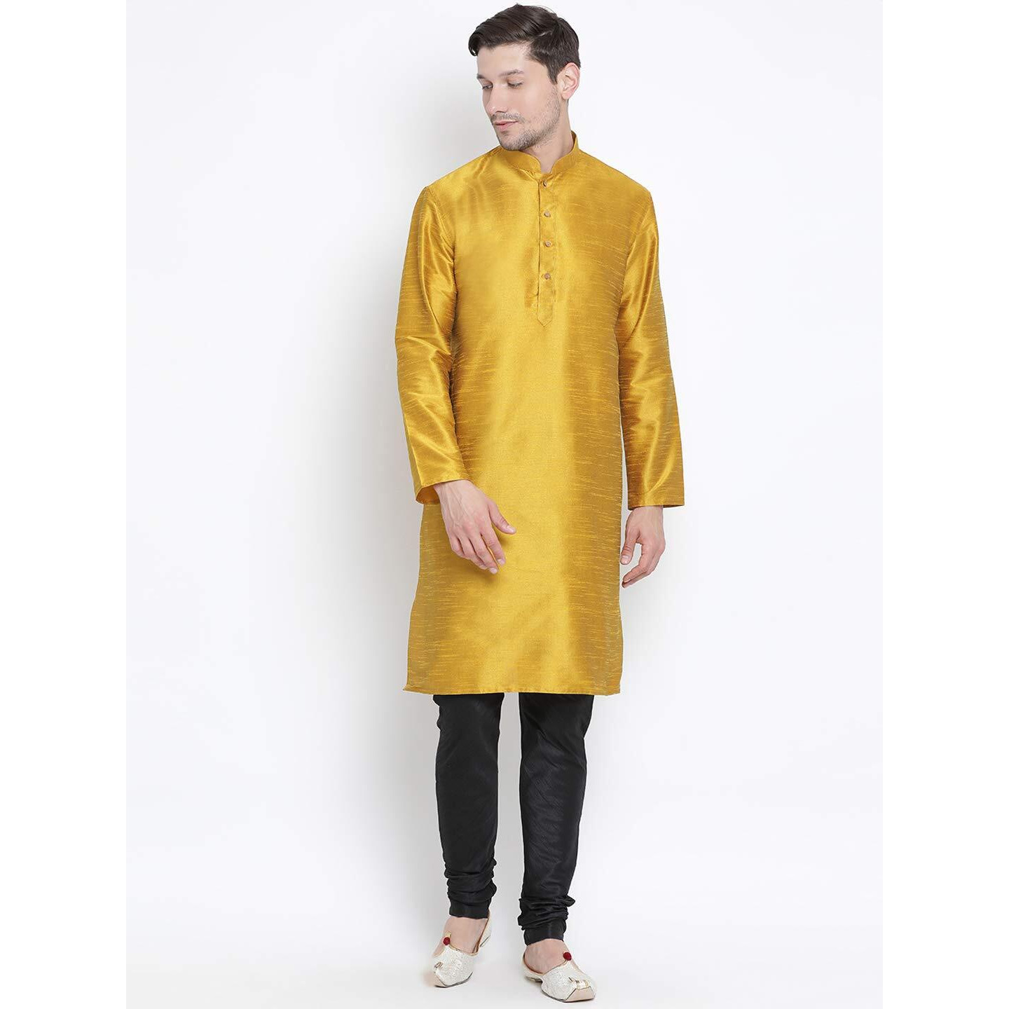 VASTRAMAY Men's Yellow Silk Blend Kurta and Pyjama Set_VASMKMD001nPBL_52