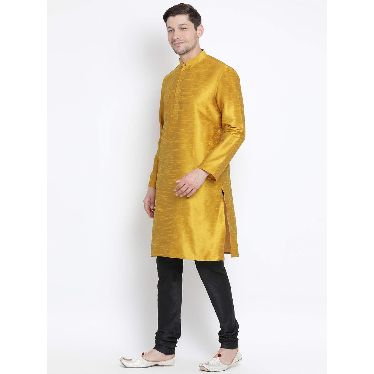 VASTRAMAY Men's Yellow Silk Blend Kurta and Pyjama Set_VASMKMD001nPBL_52