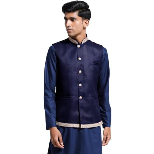 VASTRAMAY Men's Navy Blue Jute Nehru Jacket | Jute Fabric Solid Nehru Jacket For Men