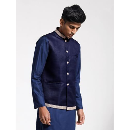 VASTRAMAY Men's Navy Blue Jute Nehru Jacket | Jute Fabric Solid Nehru Jacket For Men