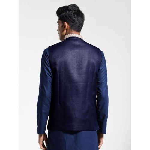 VASTRAMAY Men's Navy Blue Jute Nehru Jacket | Jute Fabric Solid Nehru Jacket For Men
