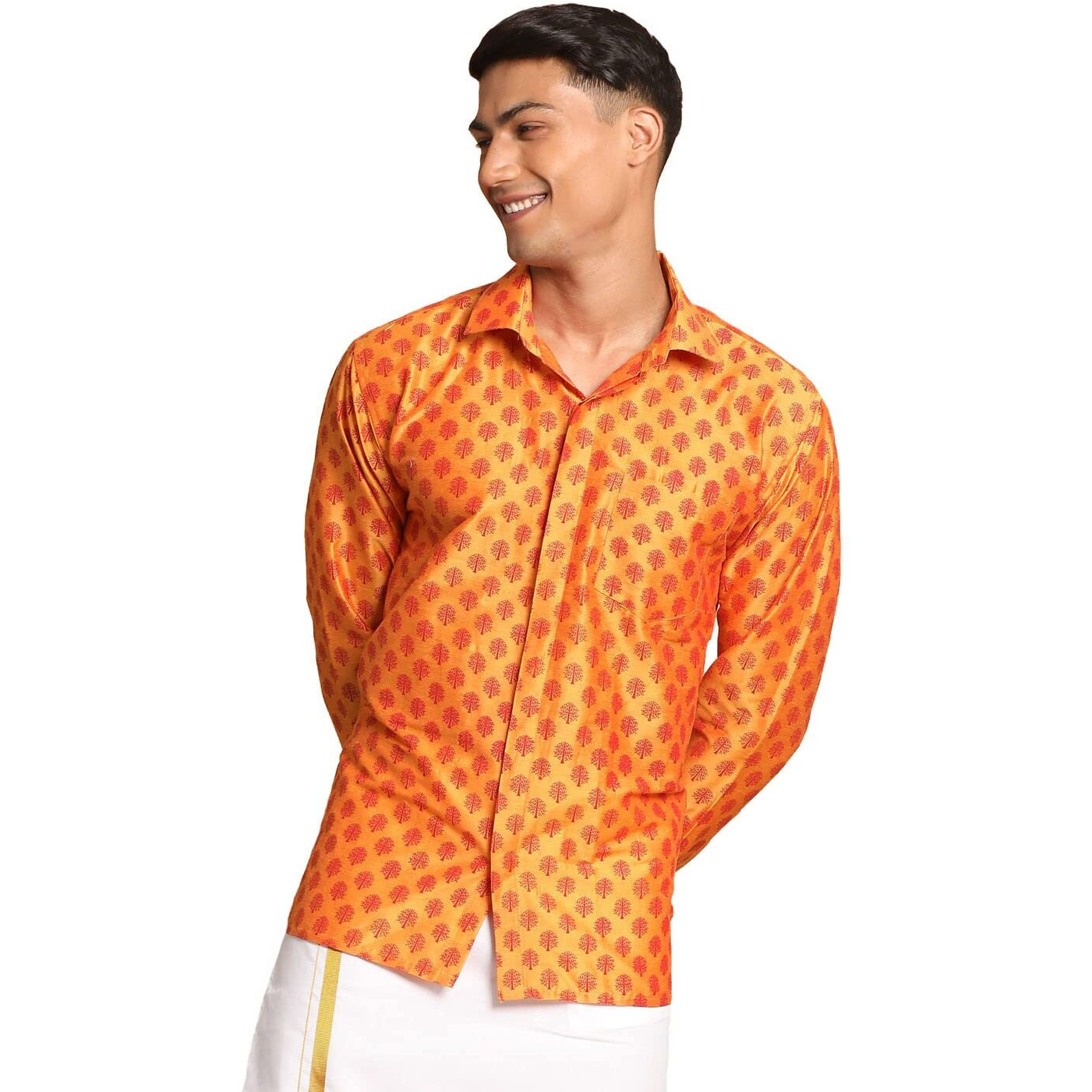 VASTRAMAY Men's Orange Poly Viscose Ethnic Shirt_VASMSH013OR_40