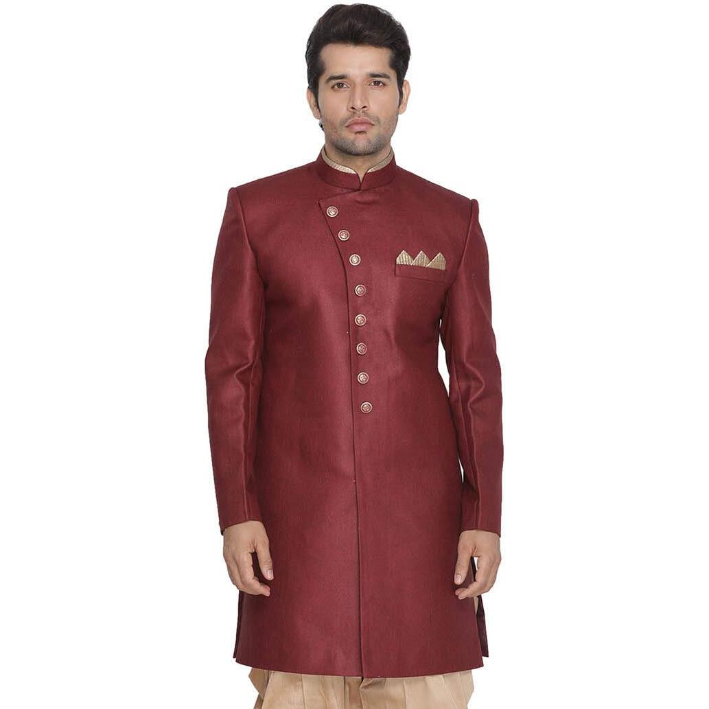 VASTRAMAY Men's Maroon Silk Blend Sherwani Only Top_VASMIW001MA_46