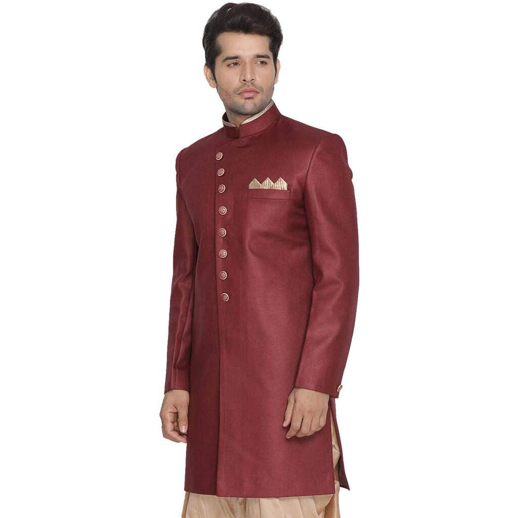 VASTRAMAY Men's Maroon Silk Blend Sherwani Only Top_VASMIW001MA_46
