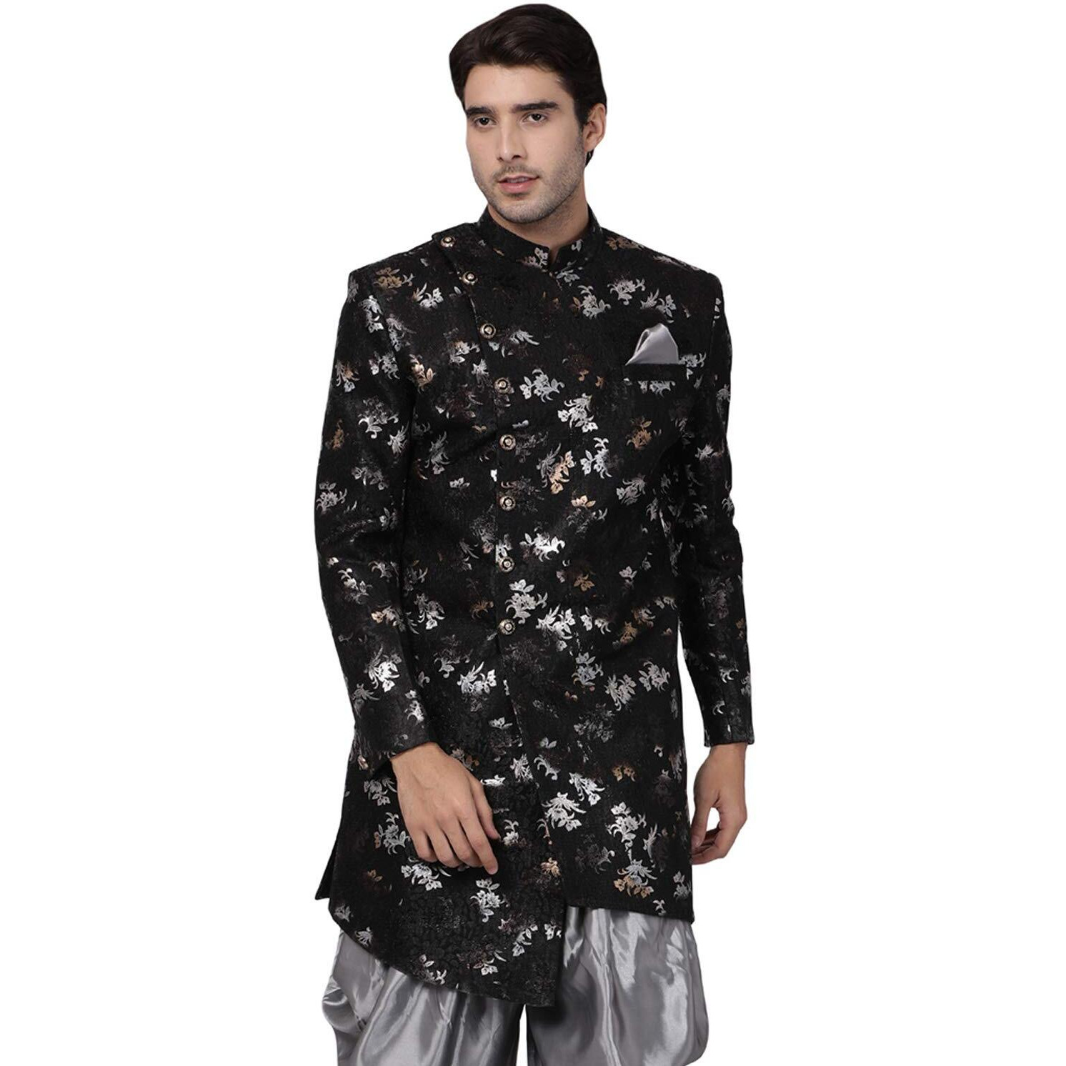 VASTRAMAY Men's Black Silk Blend Sherwani Only Top_VASMIW006BL_36