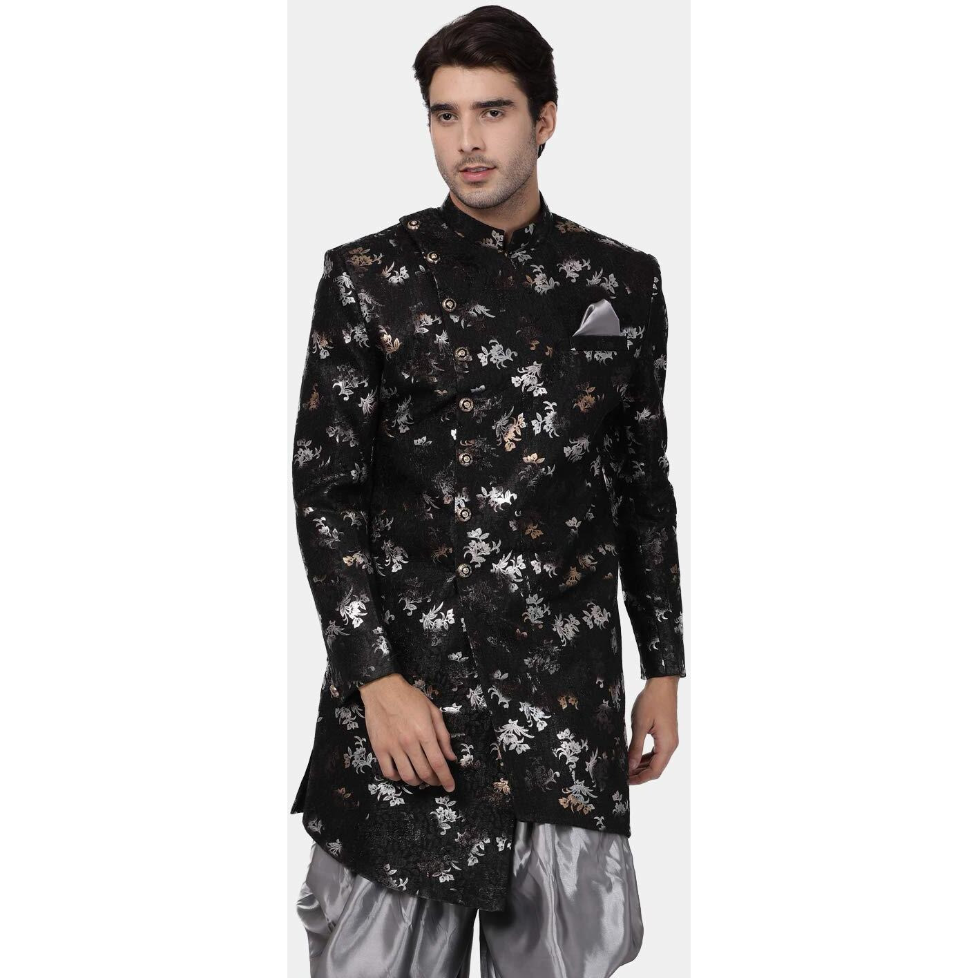 VASTRAMAY Men's Black Silk Blend Sherwani Only Top_VASMIW006BL_36