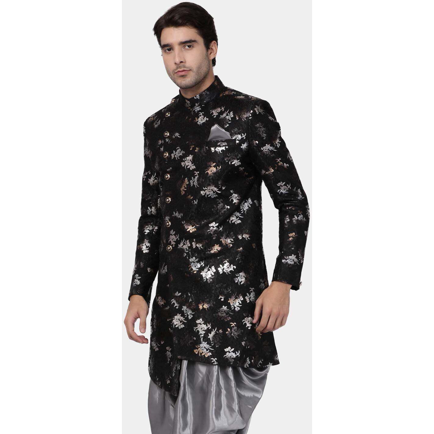 VASTRAMAY Men's Black Silk Blend Sherwani Only Top_VASMIW006BL_36