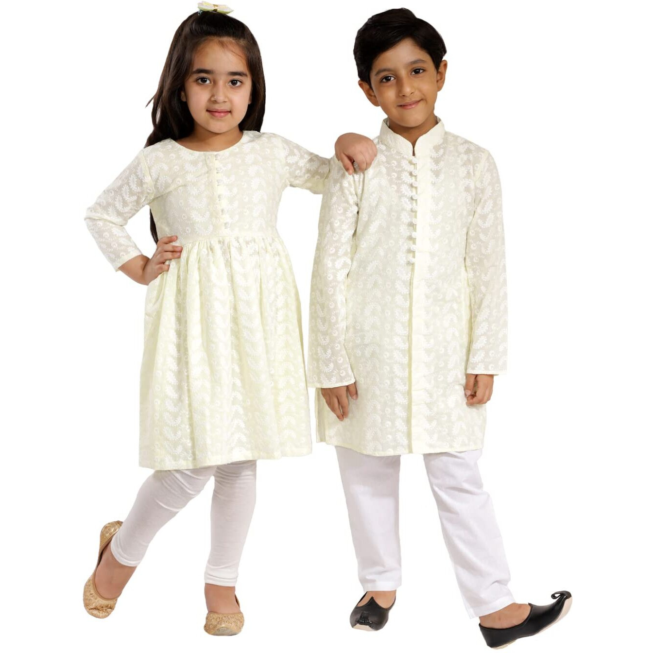 VASTRAMAY Boys' Yellow And White Kurta Pyjama Set & Girls' Chikankari Cotton Kurta And Leggings Set[Boy's (9-10 Years) / Girl's (5-6 Years)]
