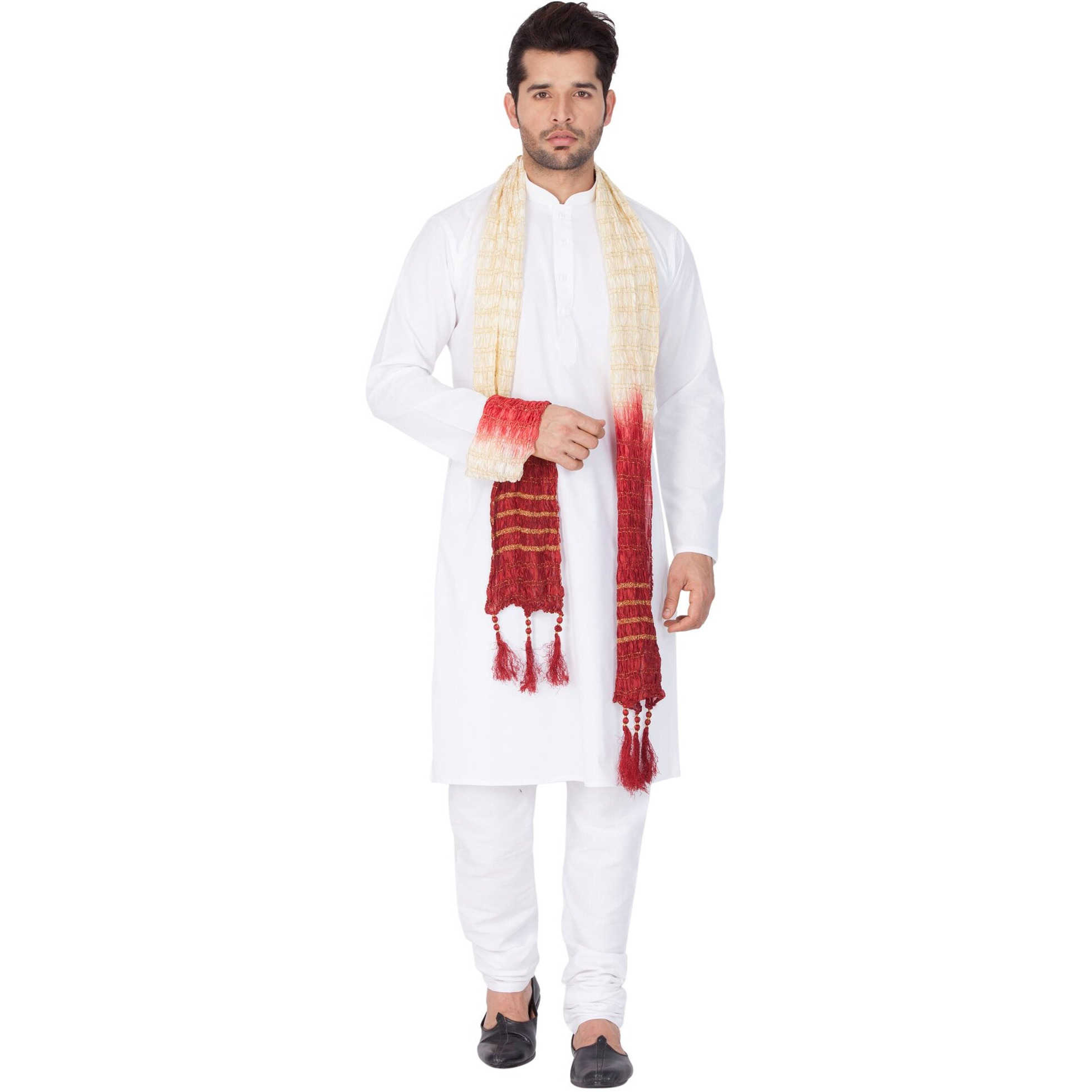 VASTRAMAY Men's White Cotton Blend Kurta, Pyjama & Dupatta Set_VASMKWH000nPCWHnD_52
