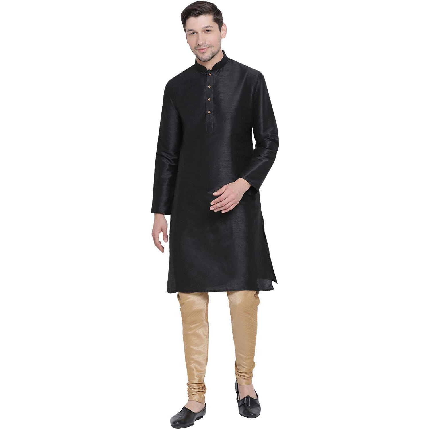 VASTRAMAY Men's Black Cotton Silk Blend Kurta and Pyjama Set_VASMKBL001nPRG_36