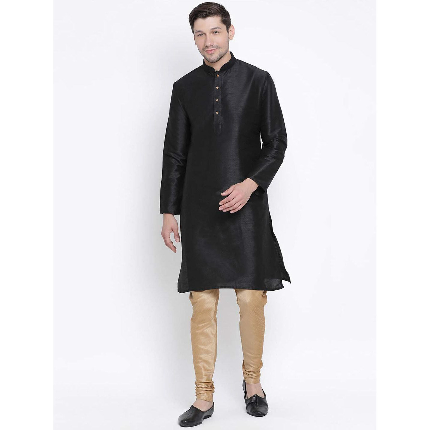 VASTRAMAY Men's Black Cotton Silk Blend Kurta and Pyjama Set_VASMKBL001nPRG_36