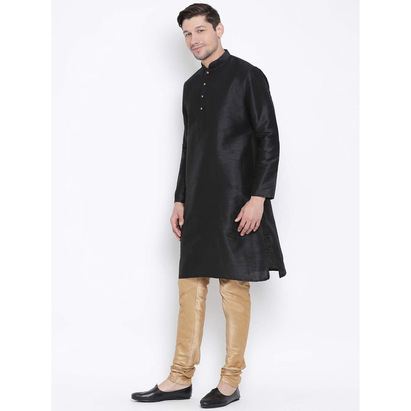 VASTRAMAY Men's Black Cotton Silk Blend Kurta and Pyjama Set_VASMKBL001nPRG_36