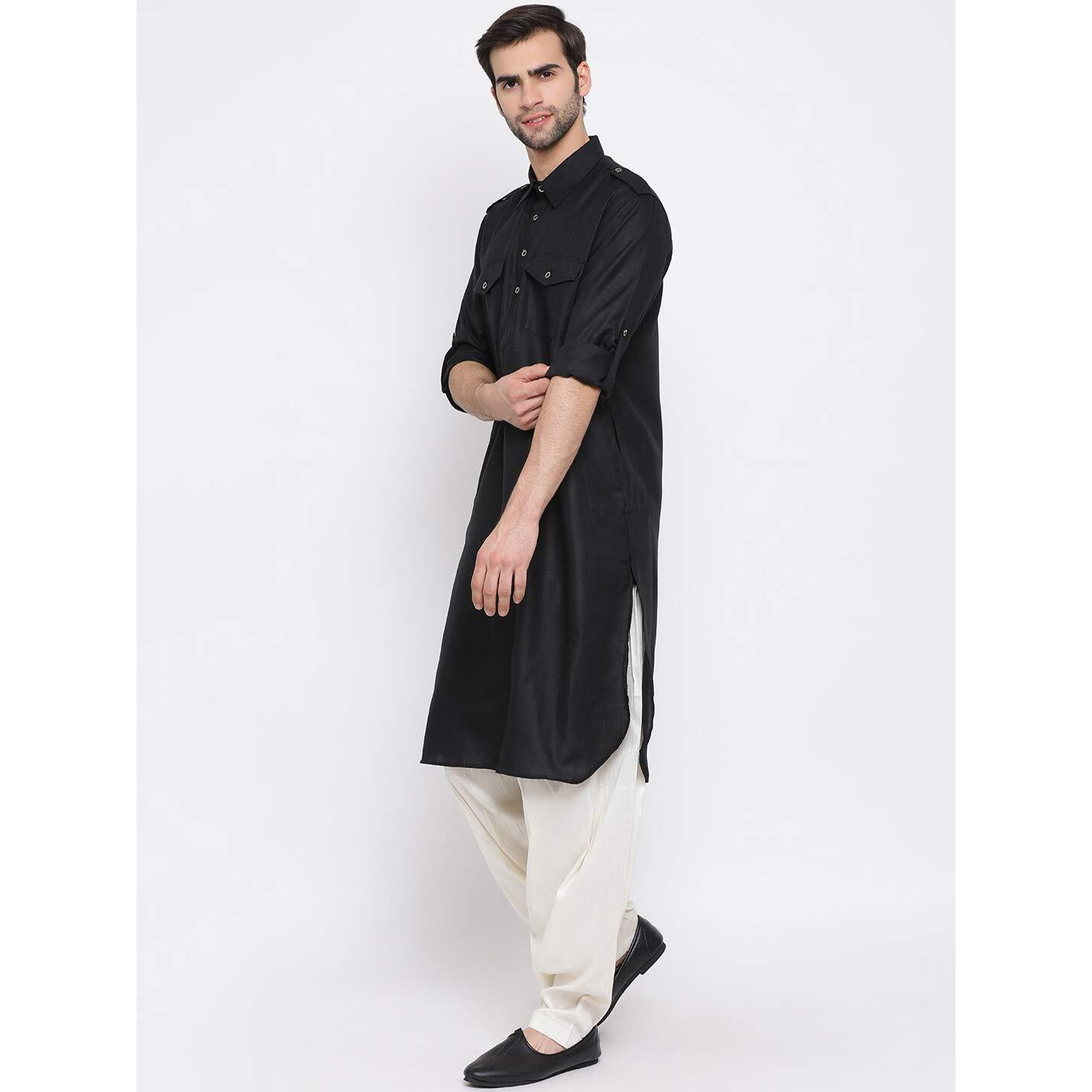 VASTRAMAY Men's Black Cotton Blend Pathani Kurta & Patiala Set_VASMPT003BLnPTYCR_44