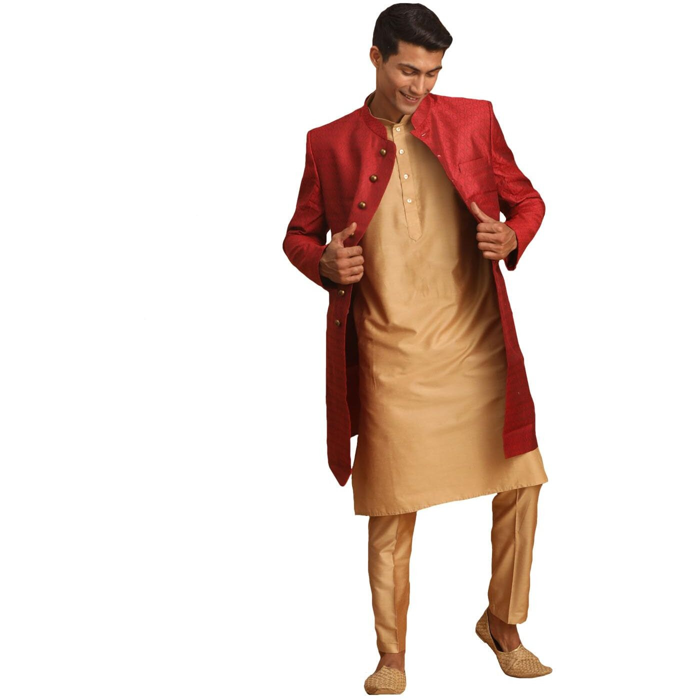 VASTRAMAY Men's Maroon And Rose Gold Cotton Blend Ethnic Combo Set_VASMIW105MAnK169RGnPANT002RG_36