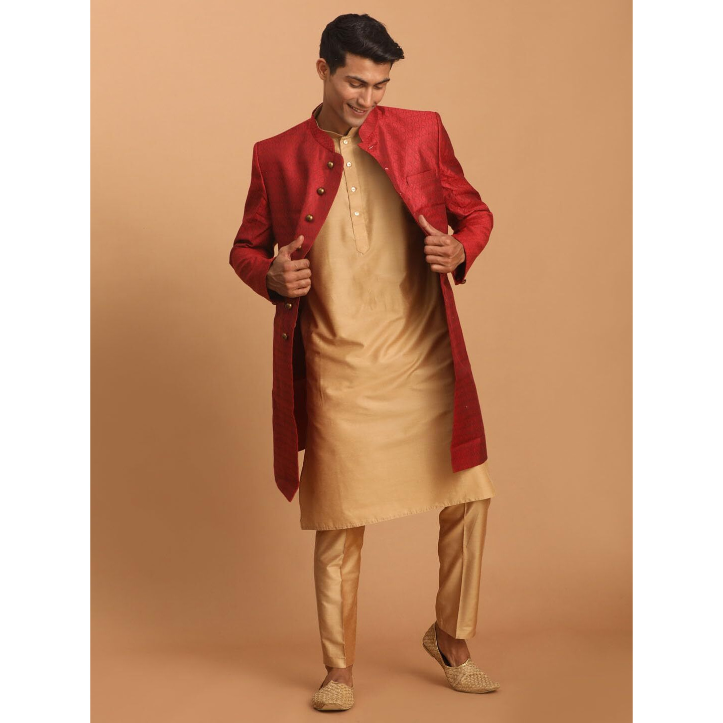 VASTRAMAY Men's Maroon And Rose Gold Cotton Blend Ethnic Combo Set_VASMIW105MAnK169RGnPANT002RG_36